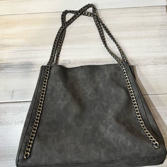 Shoulder Bag  Faux Suede Charcoal Gray with Chain Braided Straps and Details - Picture 5 of 7